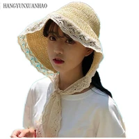cute lace brim sunhats for women summer straw caps foldable beach sun hat girls sun visor uv hat with long lace ribbon