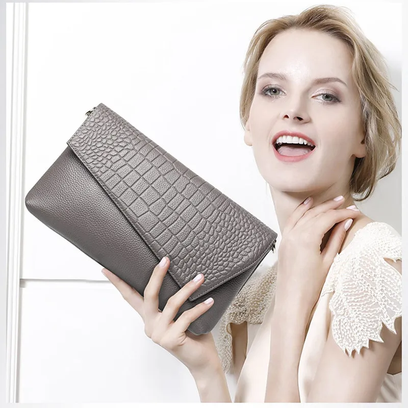 Genuine Leather Clutch Female Large Handbag Messenger Bag Fashion Lady Soft Crocodile Pattern Crossbody Black Commuting SY144 | Багаж и