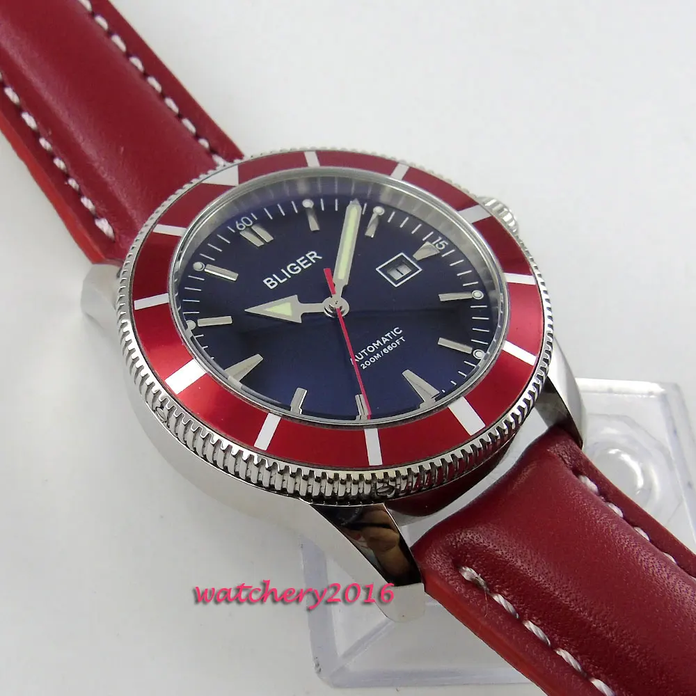 46mm Bliger Black dial Date SS Case Red Leather 2019 Top brand Luxury Hot styles Luminous Hand Automatic Mechanical Men's Watch |