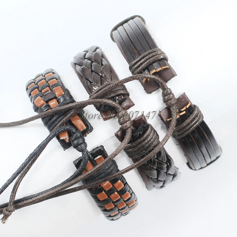 Оптовая продажа 3 шт настоящий Коричневый мужской браслет из натуральной кожи