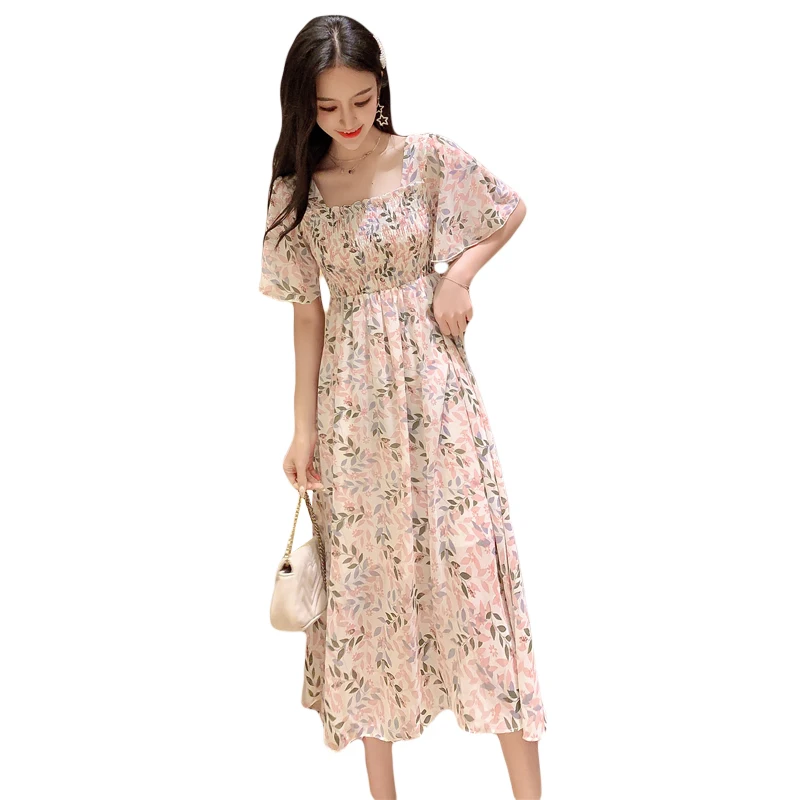 Summer Chiffon Dresses Women's Dot Leaves Print Short Sleeve Casual High Waist Square Collar Elegant vestidos | Женская одежда