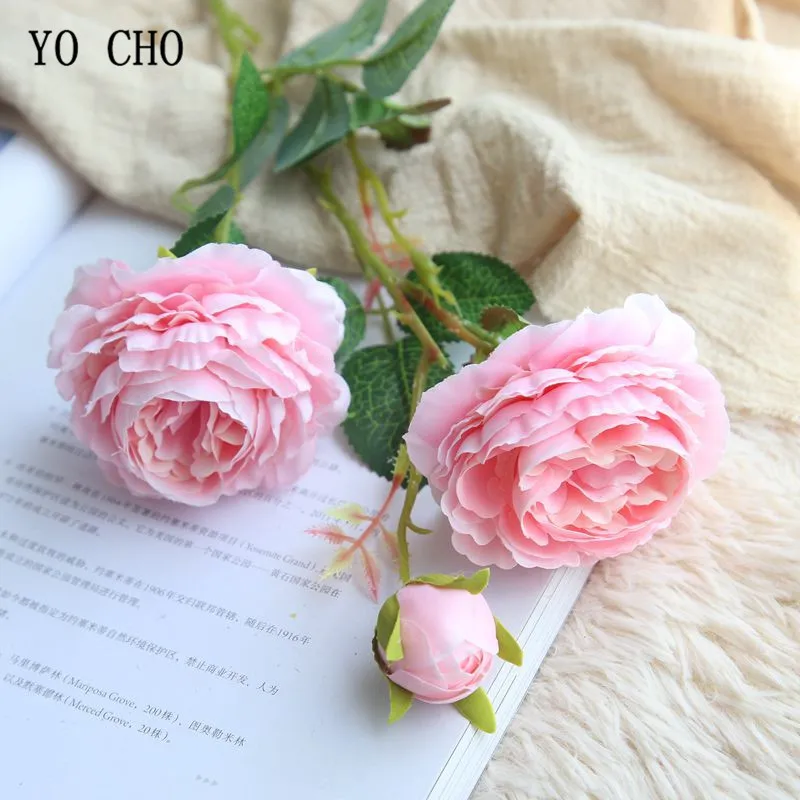 YO CHO 60cm White Peonies Artificial Flower Peony Silk Bouquet for Wedding Home Decoration 3 Heads Rose | Дом и сад