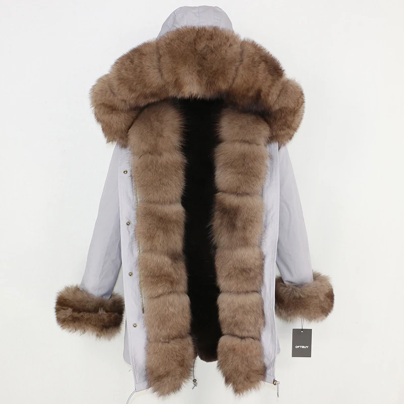 grey brown OFTBUY, зимняя куртка, Женское пальто с натуральным мехом, брендовая Роскошная длинная парка, большой натуральный Лисий мех, уличная одежда, толстая теплая, 3 в 1 размера плюс - Цвет: grey brown