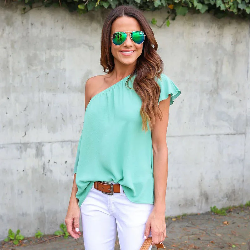 HLGO casual women's fashion spring and summer new sexy oblique solid color stitching short-sleeved shirt |