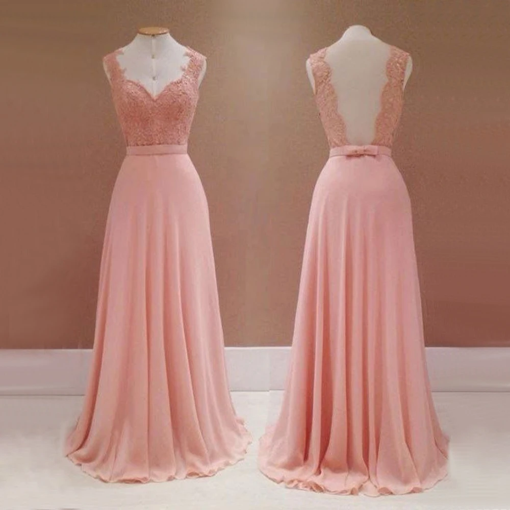 Pink Chiffon Long Bridesmaid Dresses Sheer Back Lace Top Cheap Wedding Guest Party Gowns 2019 Robe De Soiree Bridemaid Dress | Свадьбы и