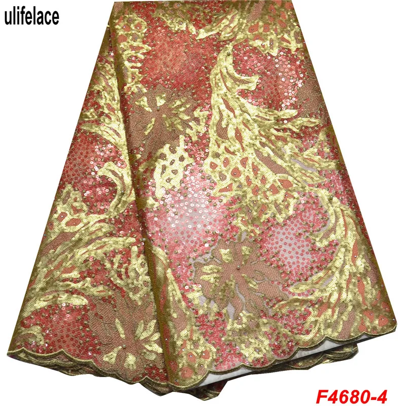 

High Quality African French Swiss Voile Lace French Net fabric Embroidered Gold Sequins Lace fabric with Stones and beads F4-680