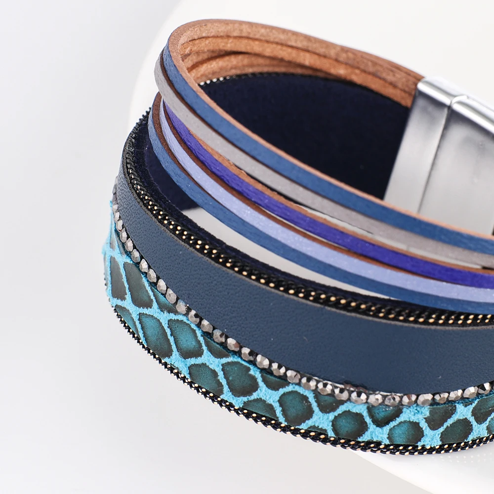 

Vintage PU Leather Bracelet Bangle Handmade Jewelry Bohemian Magnetic Buckle Crystal Wrap Bracelets & Bangles Gift BR0026