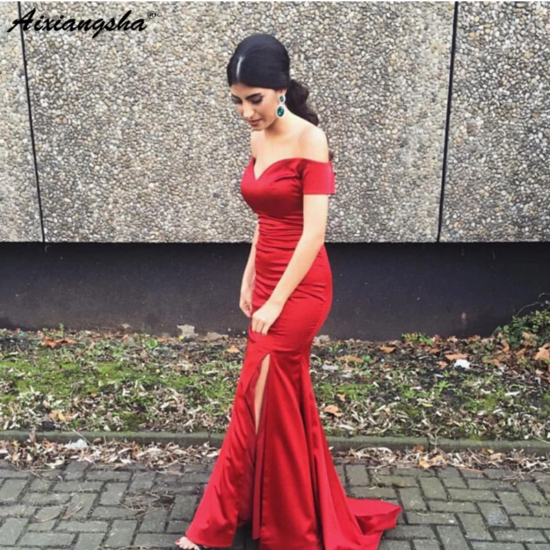 

New Modern Off the Shoulder Mermaid Prom Dresses Sleeveless Sweetheart Front Split Long Party Evening Gowns Formal Dress