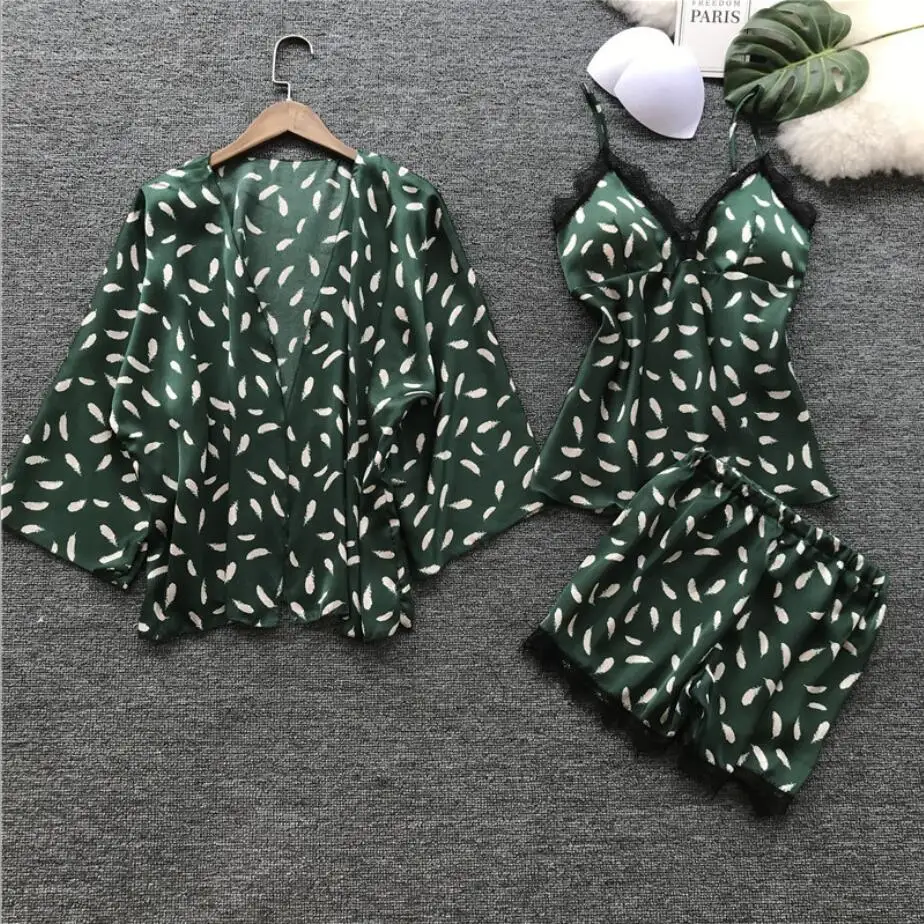 

Green Feather print Sleep Lounge Pajama Set Sexy Satin Sleepwear Women Pyjamas Women Robe Set Femme pijamas women Shorts 963