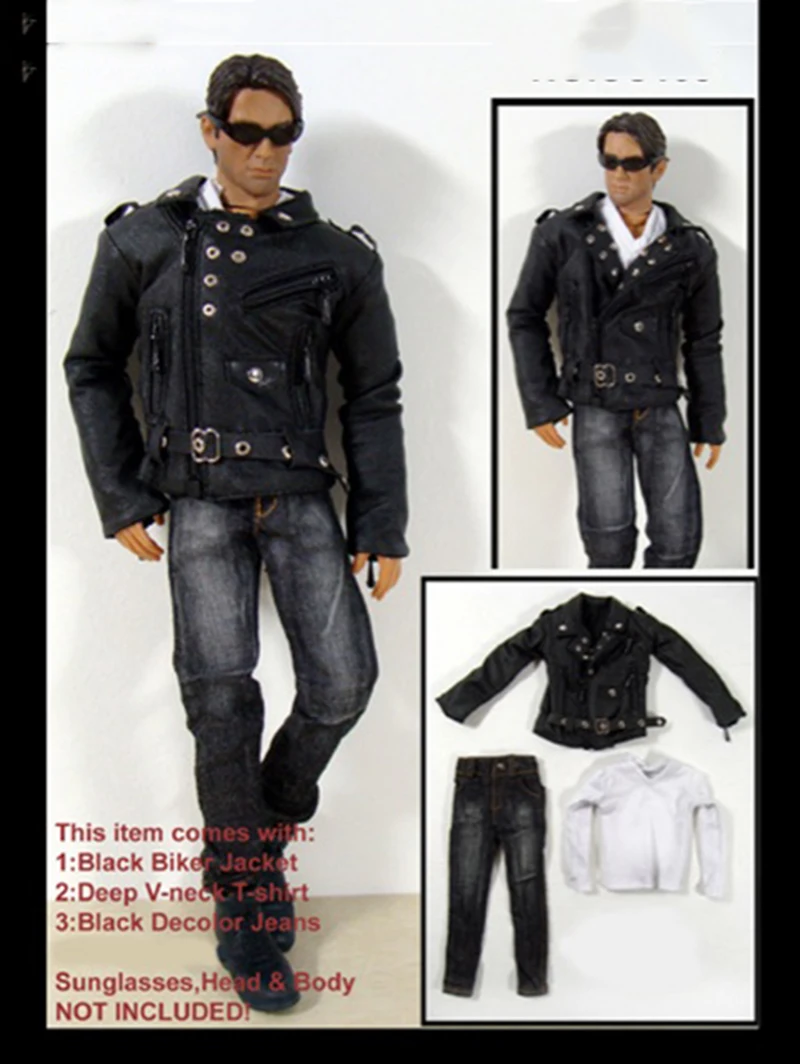 1/6 Scale Male Black Biker Jacket Coat White T Shirt Jeans Set for 12'' Bodies | Игрушки и хобби