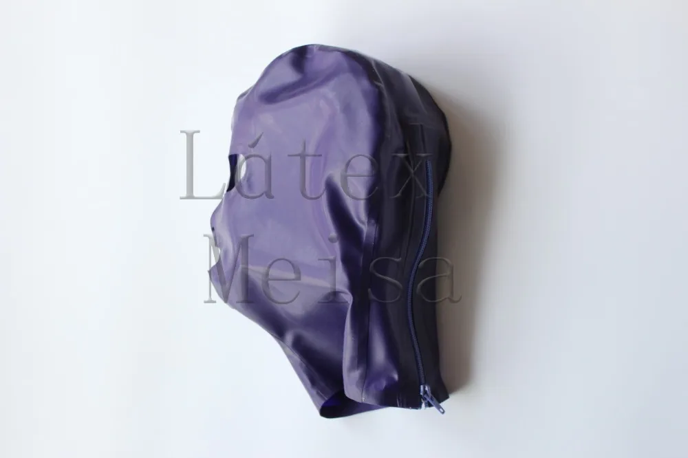 

Latex hoods metallic purple rubber head masks open eyes nostrils and mouth with back zip