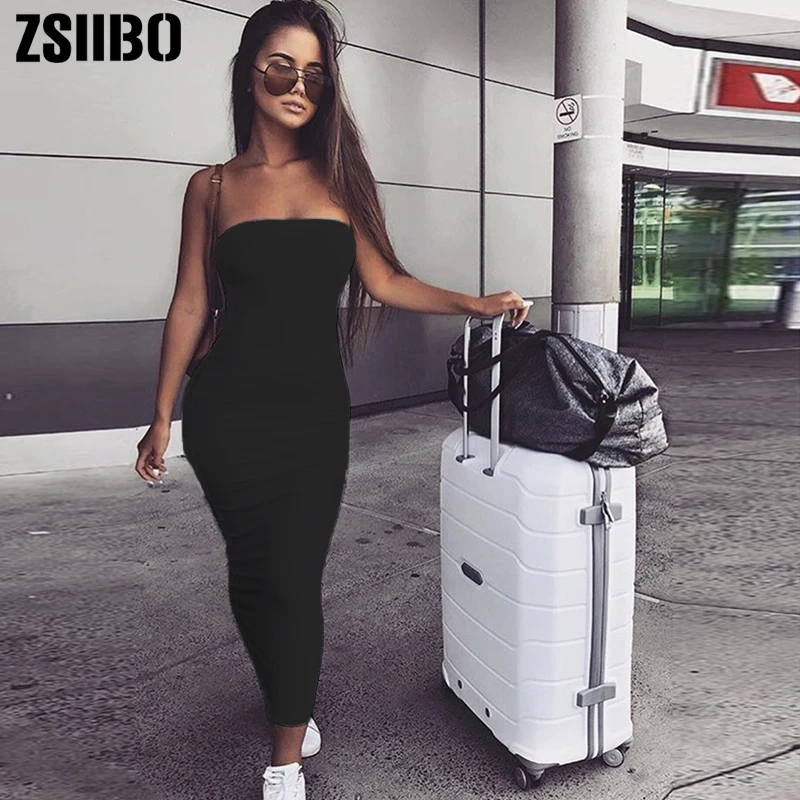 ZSIIBO пикантные с открытыми плечами платье трубки лето для женщин черный, белый цвет одноцветное Bodycon сарафан без бретелек Эластичный Бандажное