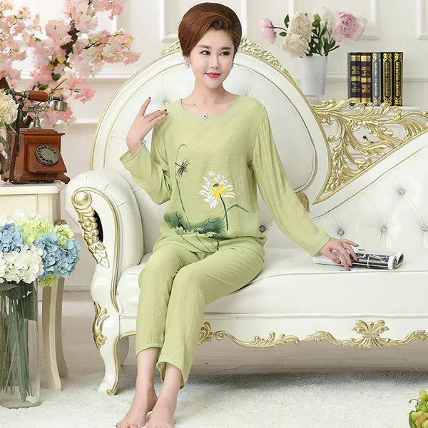 Fdfklak XL, XXL, 3XL, 4XL размера плюс, хлопок, лен, пижамы, весна-осень, длинный рукав, принт, семейный пижамный комплект, одежда для сна, спортивный костюм Q525 - Цвет: green 2