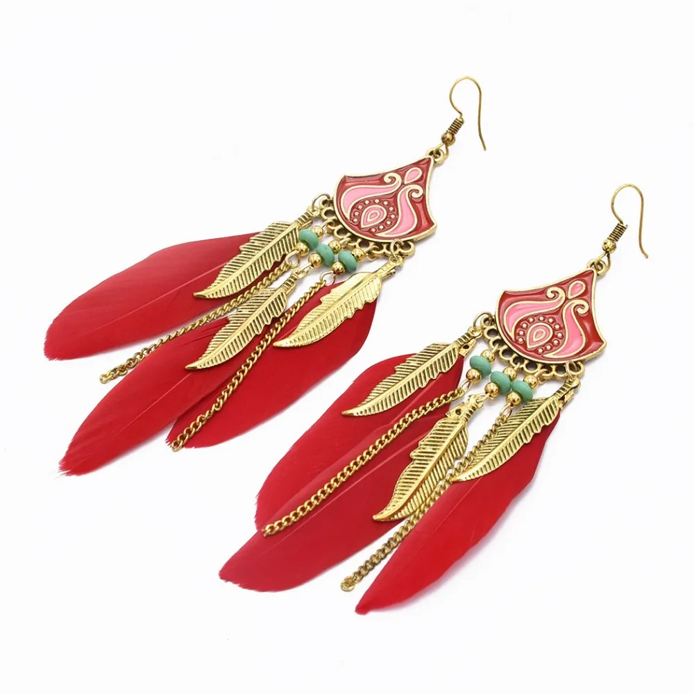 4 вида цветов богемные длинные висячие серьги с перьями золотыми листьями
