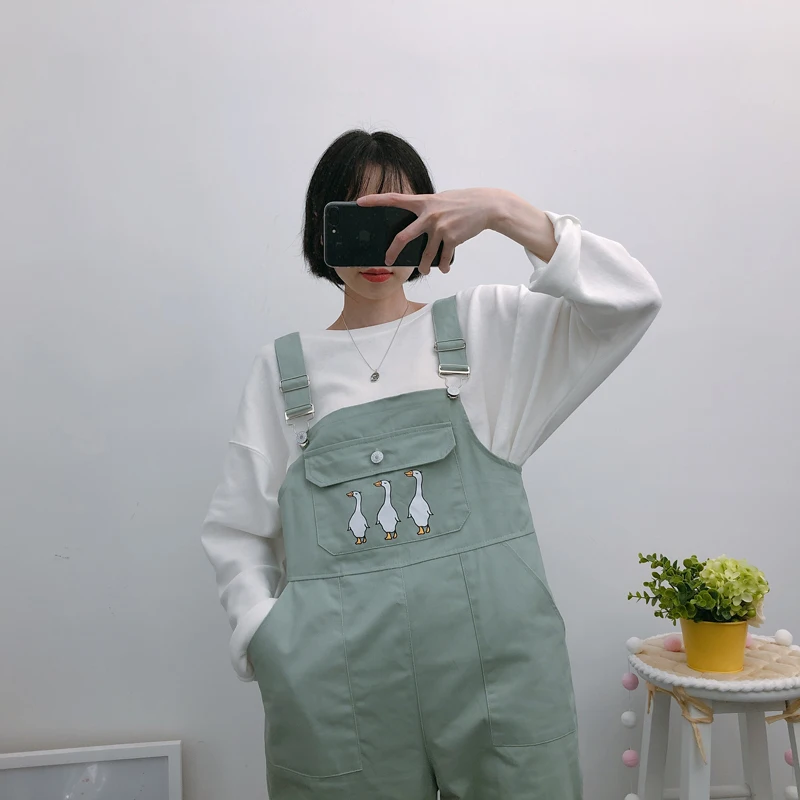 Женские комбинезоны, шикарные, с ремешком, длиной до лодыжки, Harajuku, милые, трендовые, женские, с карманами, для студентов, Kawaii, с мультяшным принтом, прямые, для девушек, милые