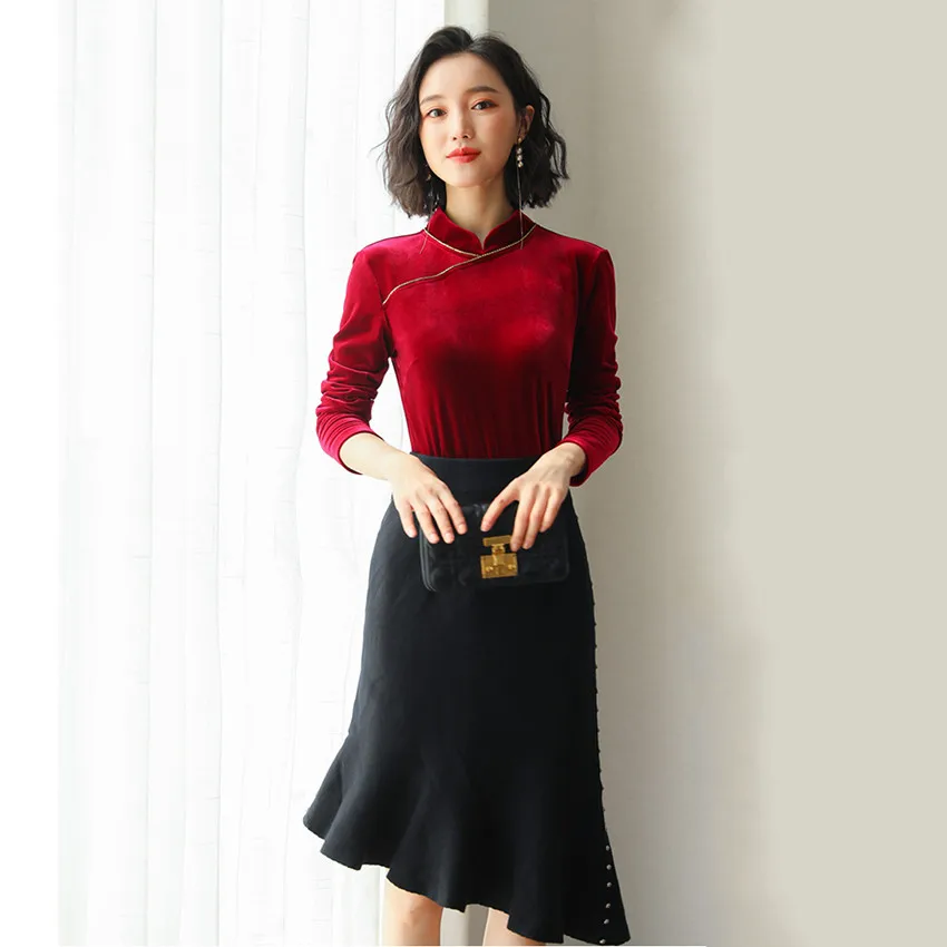 Весна Зима 2020 бархатная блузка Женские топы и блузки Женская винтажная блуза с