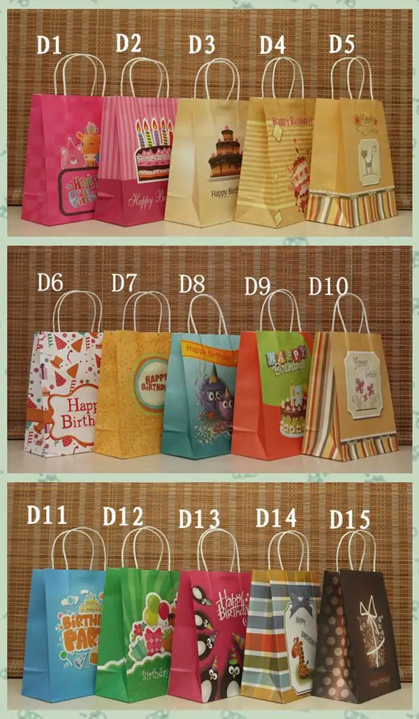 Free Shipping 50pcs/lot Random Mixed Style Kraft Paper Bag 27x21x11cm Birthday Gift Packaging Paper Gift Bags With Handle