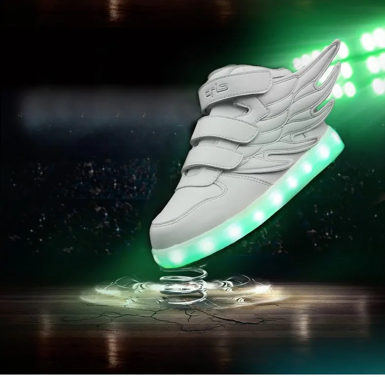 Детская светящаяся обувь с крыльями для мальчиков и девочек; светящаяся обувь с USB зарядкой; светильник; модные детские кроссовки белого цвета; 7 цветов