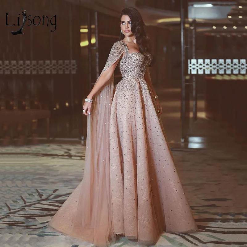 

Luxury Dubai Crystal A-line Evening Dresses With Cloak Vintage Champagne Long Beaded Prom Gowns Abendkleider Formal Dress 2019