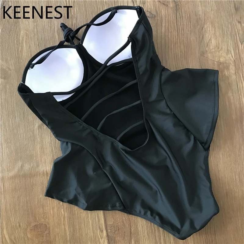 KEENEST, пуш-ап, сдельный купальник, гофрированный купальник, черный бандаж, купальный костюм, монокини, купальники с вырезами