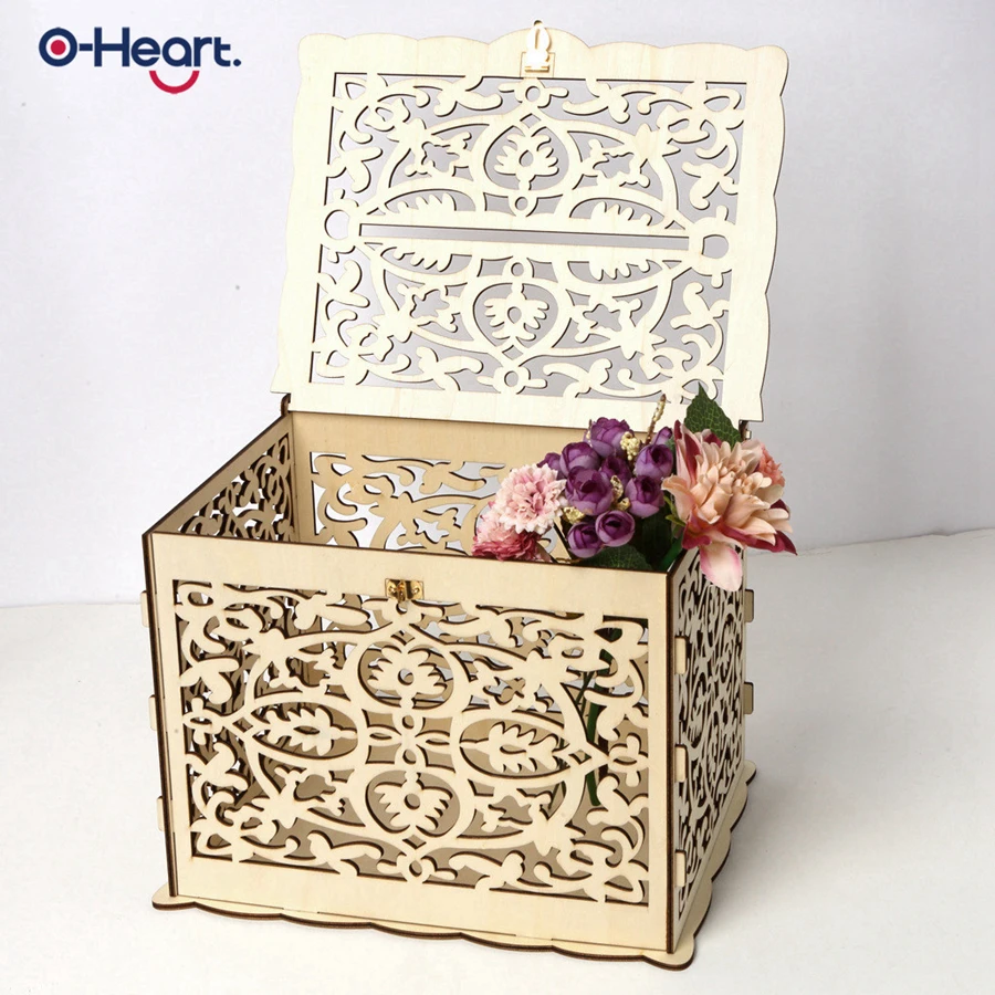 OHEART Diy коробка для приглашения на свадьбу деревянная деревенская Подарочная коробка с замком коробка для денег полые сердца в форме коробка подарочной карточки и карты знак на день рождения