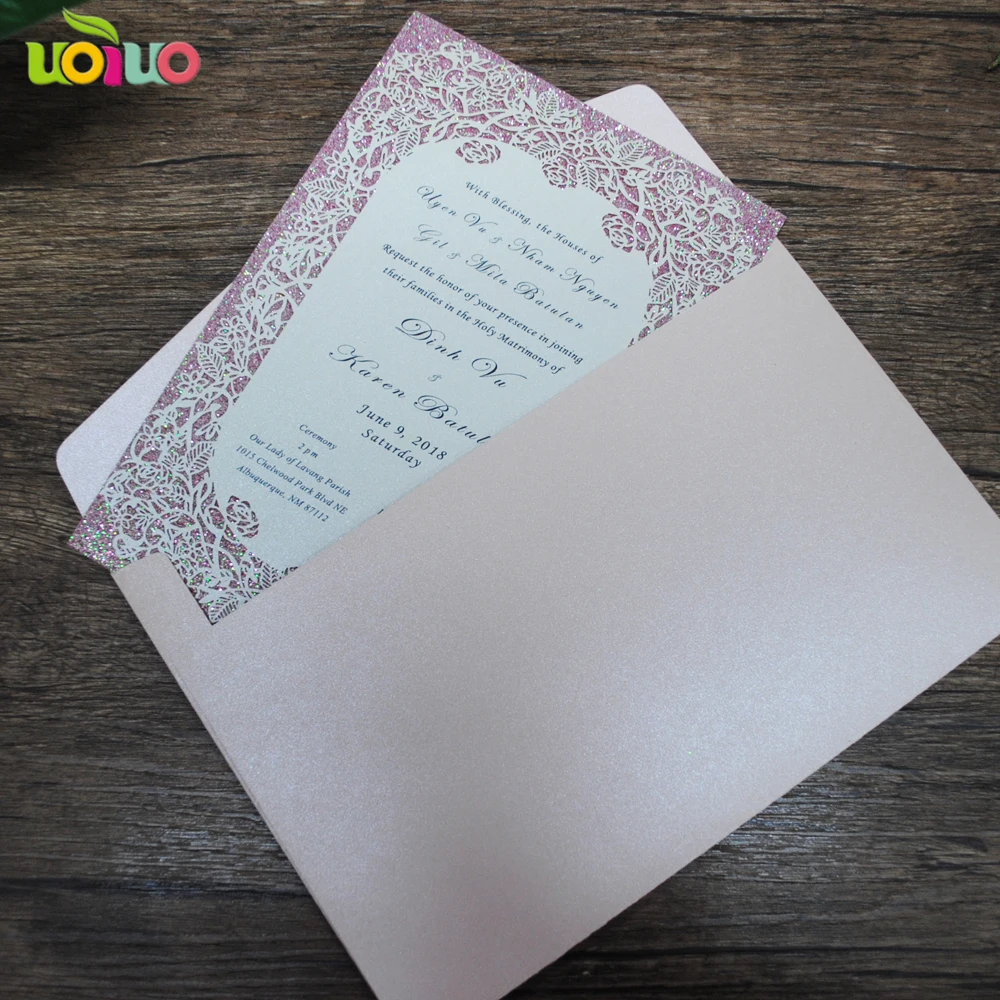 

Romantic blush pink rose design laser cut paper wedding invitation card hot glitter rose gold paper invitations for wedding