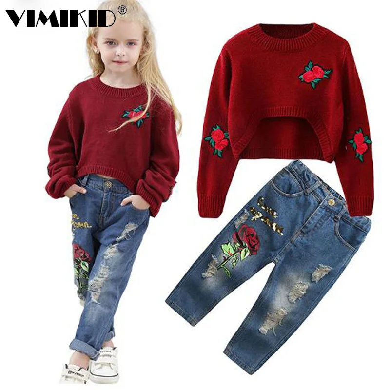 VIMIKID весна осень и новый свитер с блестками розовые 2018 розы джинсы модные