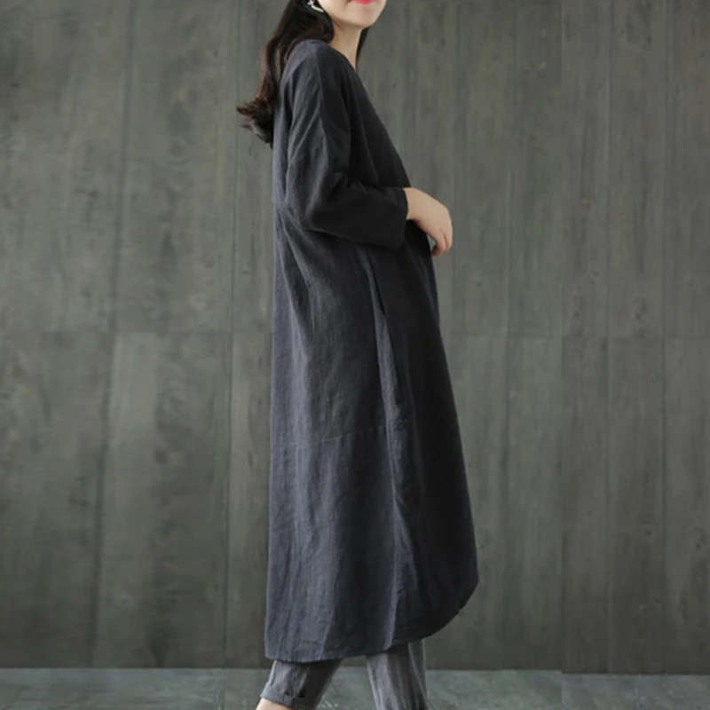Women cotton and linen dress 2019 spring summer vintage solid loose raglan long sleeve dresses office lady casual oversize | Женская