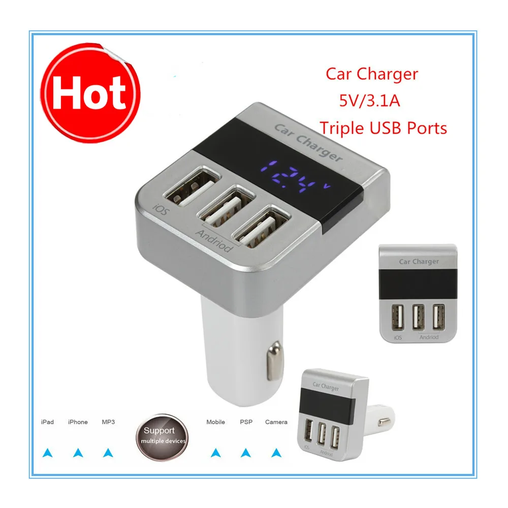 Трехместный Порты USB 5 В/3.1A Выход Автомобиля зарядки Смарт-СВЕТОДИОДНЫЙ Цифровой