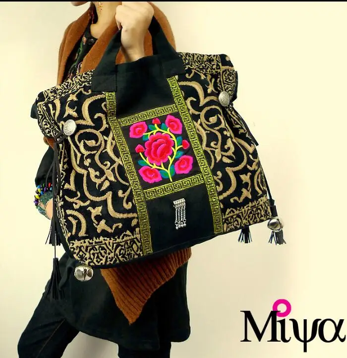 Экзотические классические blcak парусиновые женские сумки с вышивкой Naxi. Hani