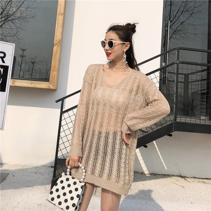2019 женские сезон весна-лето новый пуловер ажурный рубашка v-образным вырезом