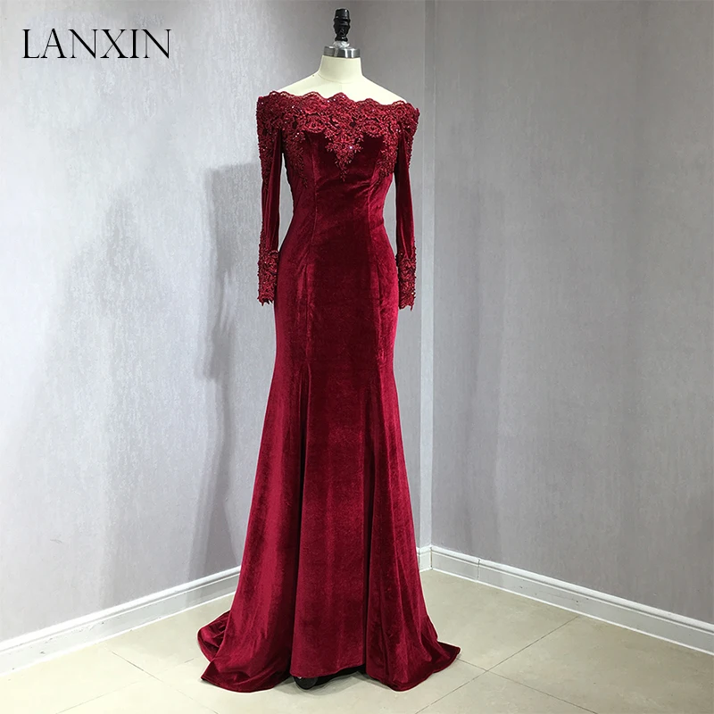 Бордовые бархатные вечерние платья русалки Robe de Soiree с открытыми плечами и