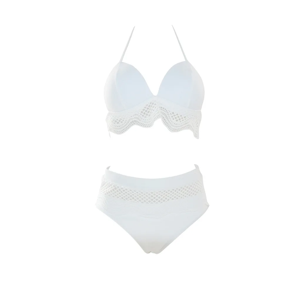 2018 V Neck Bikini Set Mesh Waist White Retro Lace Swimwear Women Solid Push Up Beachwear Wholesale |