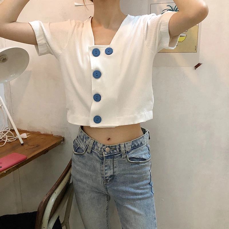 button v-neck solid color short sleeve casual crop tops summer new fashion brand Korean style t-shirts Women Clothing modis tees | Женская