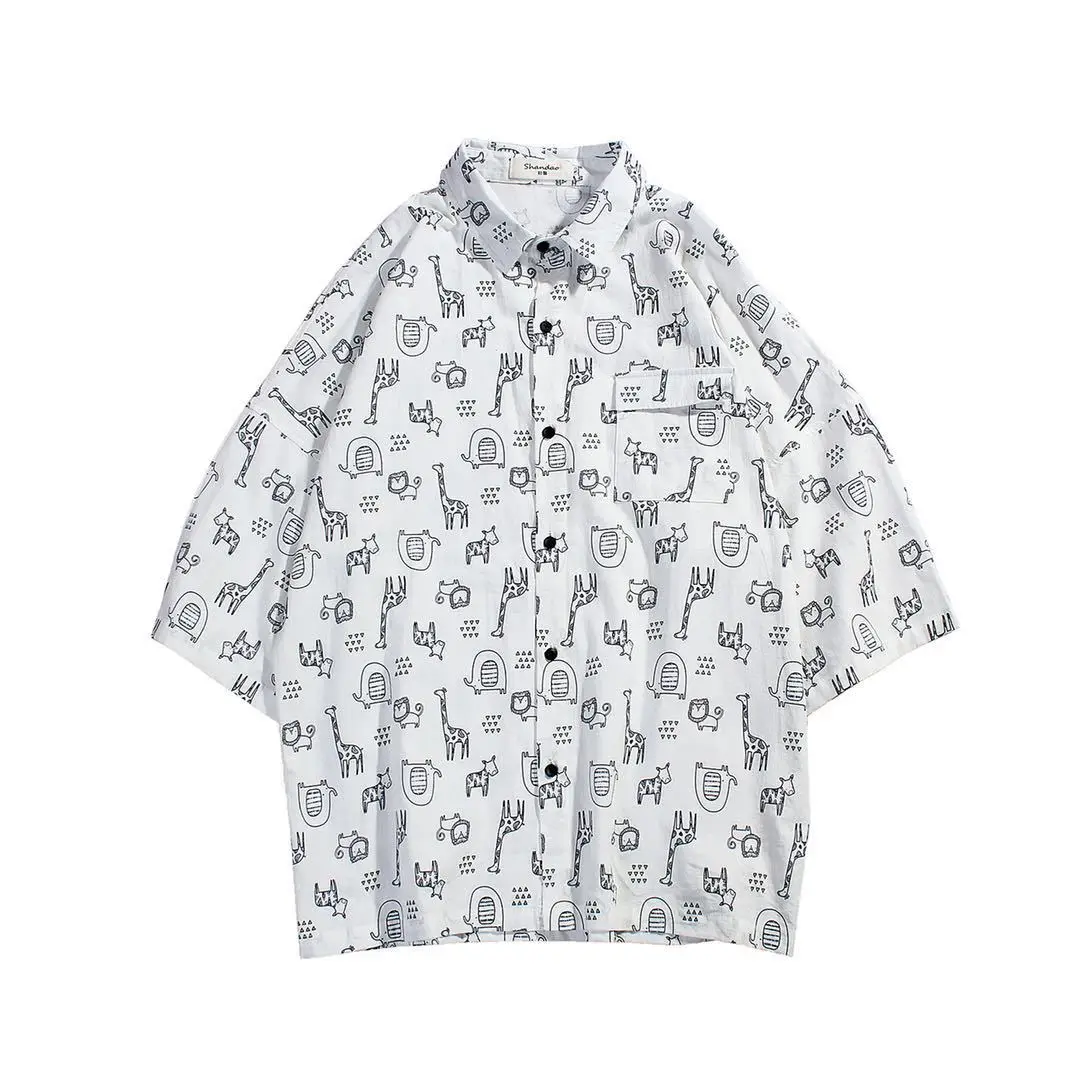 2018 Summer New Youth Popular Campus Wind Five Sleeve Body Cartoon Animal Print Loose Short-sleeved Shirt Leisure | Мужская одежда