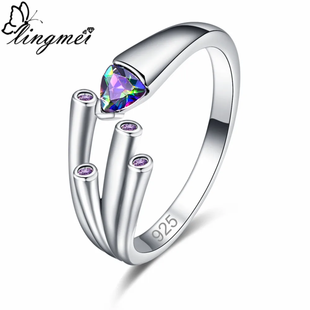 

lingmei Exquisite Wedding Multicolor Purple Black Cubic Zirconia Silver Color Ring Size 6-9 Vogue Simple Unique Women Jewelry