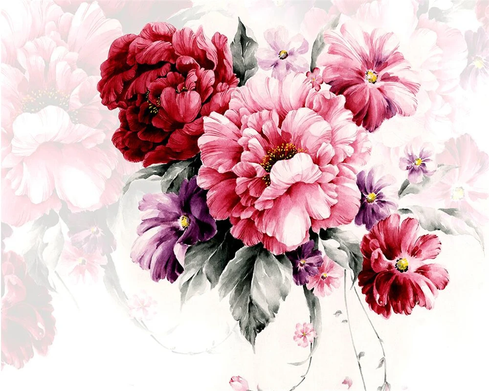 Beibehang Настенная краска по индивидуальному заказу, акварельная ручная роспись цветочный модный современный гостиная диван кровать телевизор фоновая стена 3D.