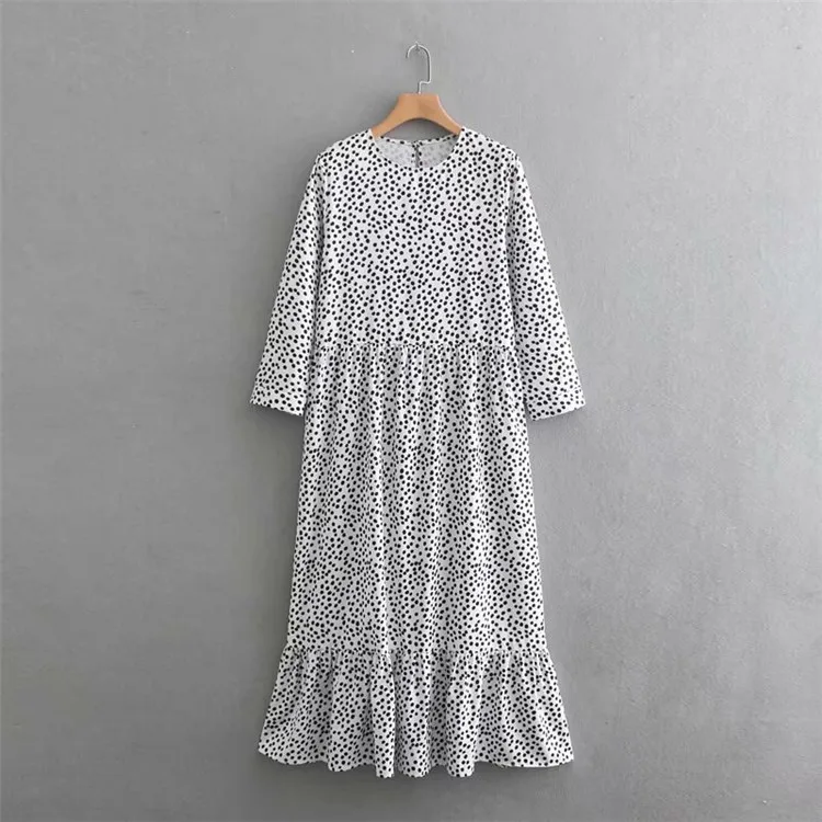 Женское повседневное длинное платье в горошек с круглым вырезом и рукавами три