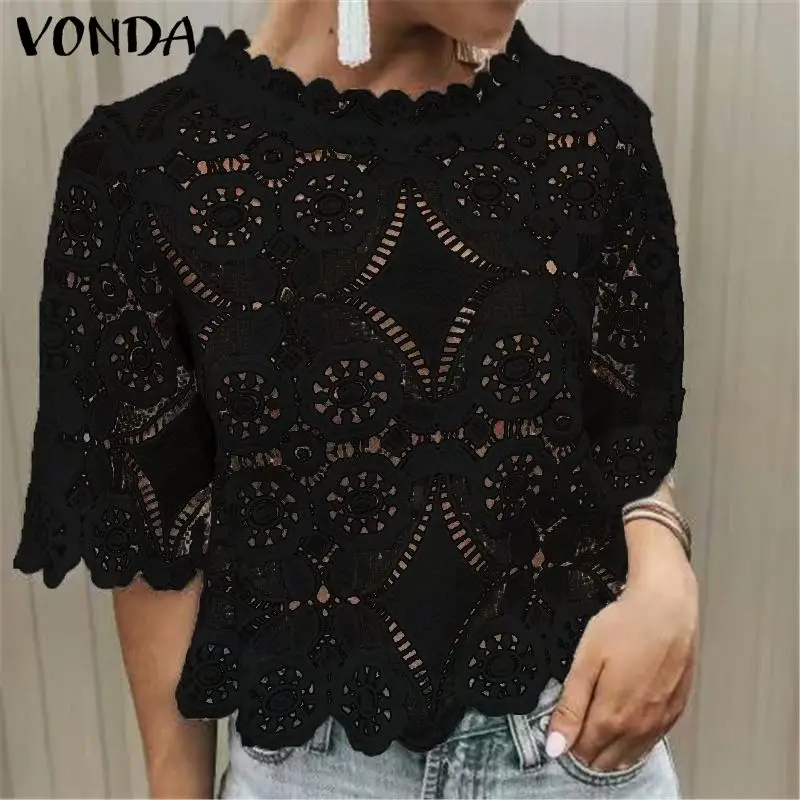 Блузка VONDA Женская с о вырезом и коротким рукавом кружевная повседневная офисная
