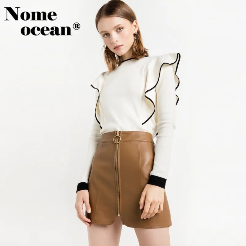 Black Trim Women Sweaters 2018 Spring Ruffle Decoration Pullovers New Arrival Tops of Long Sleeve Knit Sweater M17020611 | Женская