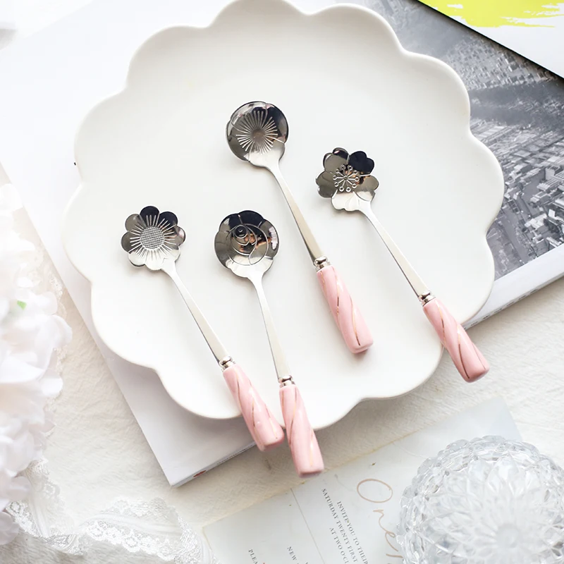 STRUST 4pc set stainless steel luxury gift porcelain coffee stirring spoon gold color teaspoon dessert ice cream cutlery | Дом и сад