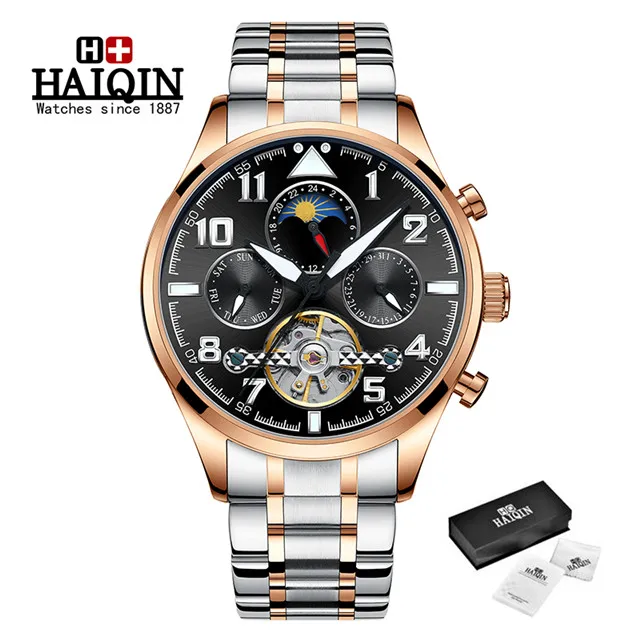 S-rose gold black HAIQIN, мужские часы, автоматические механические, деловые часы, мужские, лучший бренд, Роскошные, военные, водонепроницаемые, турбийон, часы, Reloj Hombre - Цвет: S-rose gold black