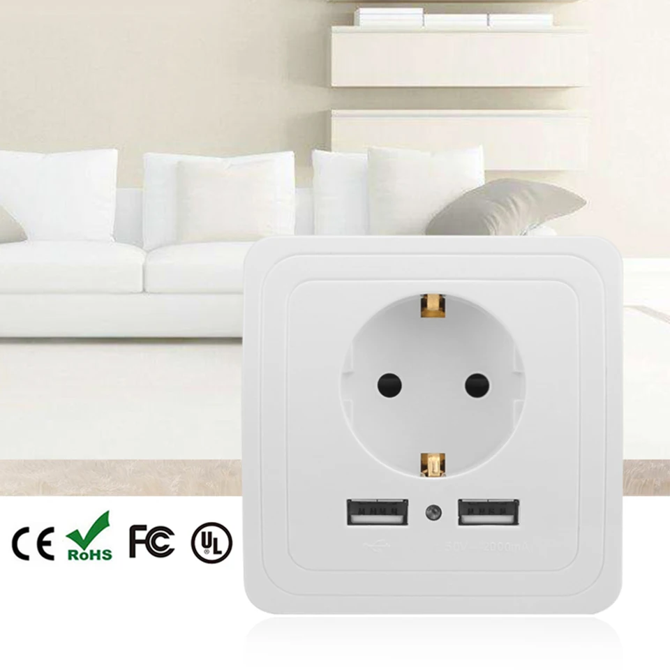 16A Dual USB настенная розетка штепсельная вилка европейского стандарта для дома
