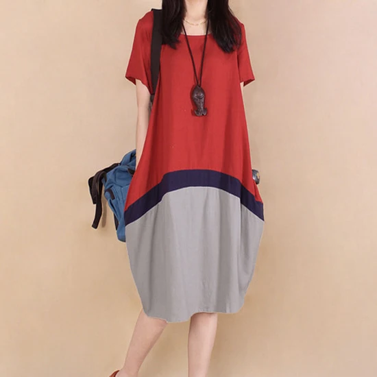 

Summer Dress Patchwork Women Clothing Loose Waist Short Sleeve O Neck Women Dress Cotton Linen vestidos de fiesta