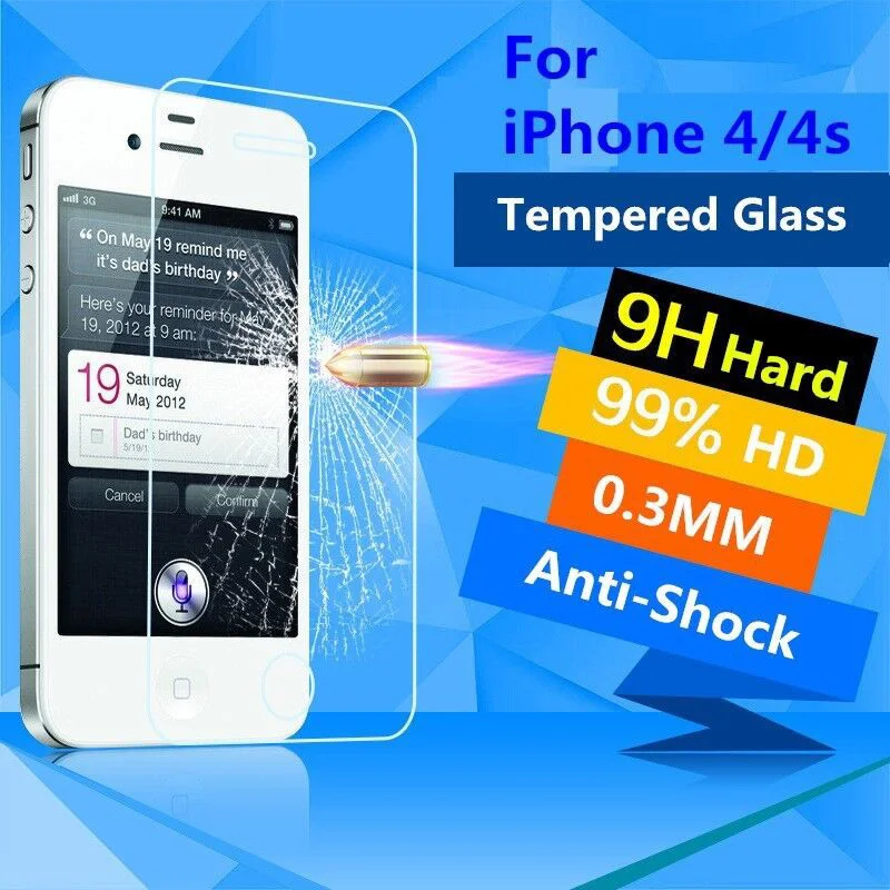 Защитное закаленное стекло для iPhone 4 4s премиум класса. Класс защиты 9Н толщина 0.3