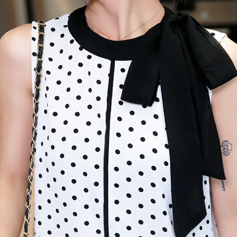 

2021 New Style O-Neck Sleeveless chiffon shirt Lady Summer Casual Loose Show Thin Bow Women Tops Plus Size Women Shirts 4686 50