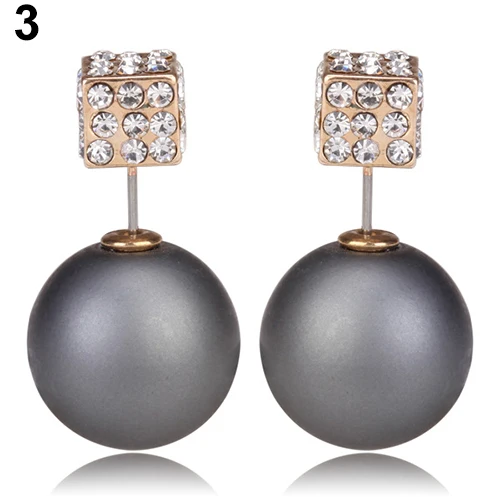 Womens Ladies Double Sides Faux Pearls Square Rhinestones Ear Studs Creative Earrings 4TJ5 | Украшения и аксессуары