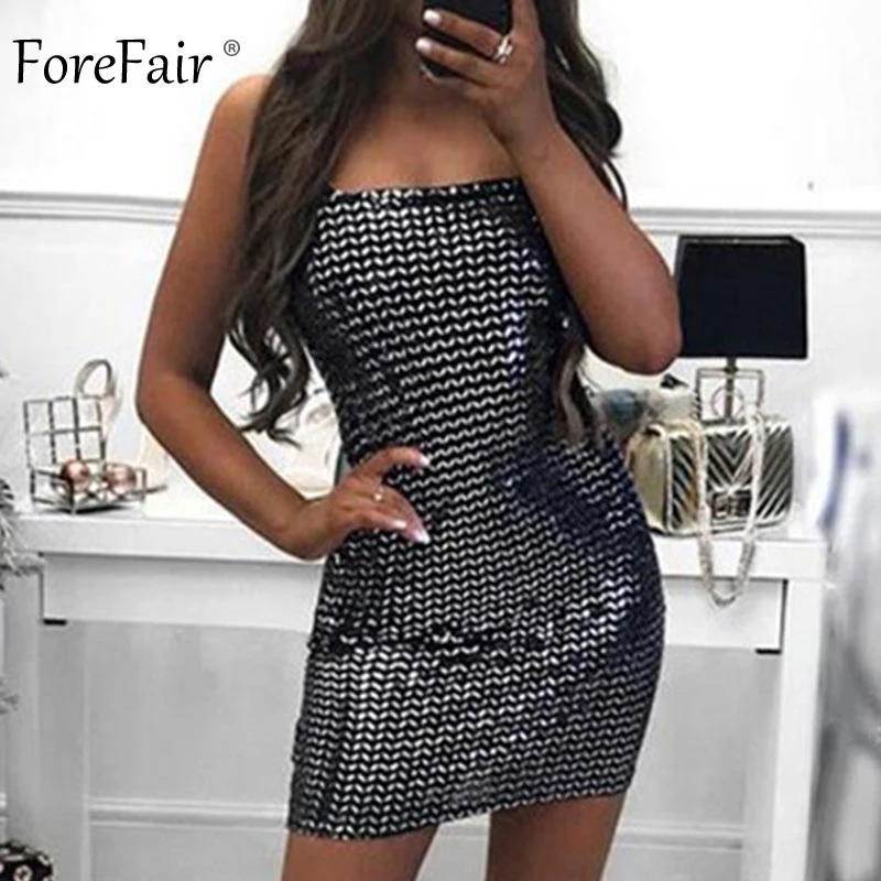 Forefair/Летнее мини-платье Клубная одежда вечерние черные с блестками открытыми