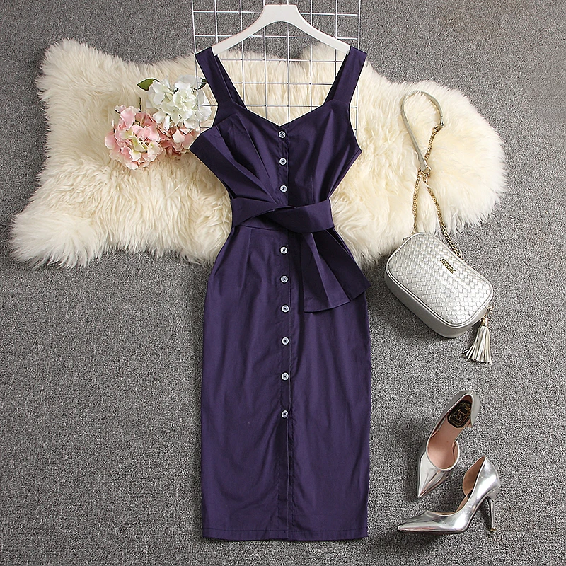 Женское Хлопковое платье ALPHALMODA без рукавов с бантом и поясом однобортное