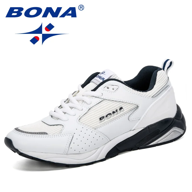 White deep blue BONA/ г., мужская повседневная обувь дышащая для досуга обувь Tenis Masculino Adulto легкие удобные сетчатые мужские кроссовки - Цвет: White deep blue